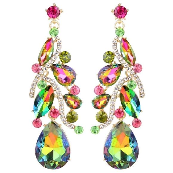 Yellow Gold with Vitrail Medium Austrian Crystal Teardrop Chandelier Earrings